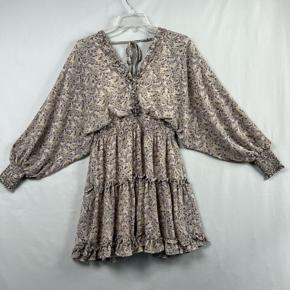She+Sky Babydoll Dress Womens Small Mini Purple Floral Ruffle Smocked Tiered